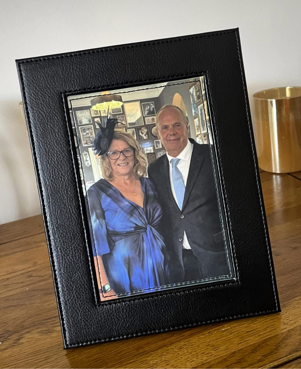 Brown faux leather photo in frame