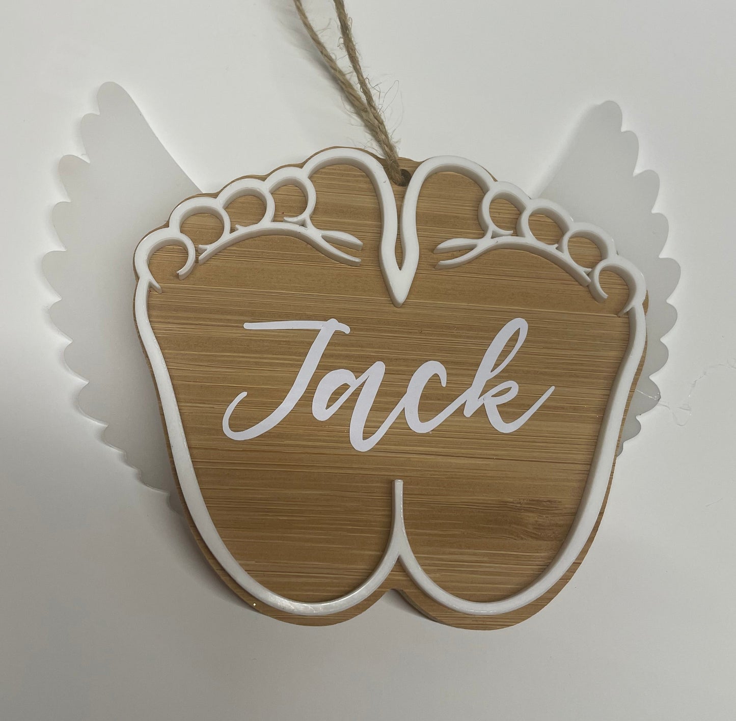 Bamboo and acrylic Baby Angel feet personalised keepsake