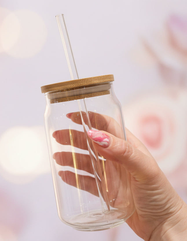 Glass lidded tumbler with UV DTF design