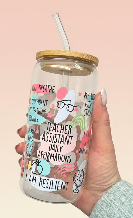 Glass lidded tumbler with UV DTF design