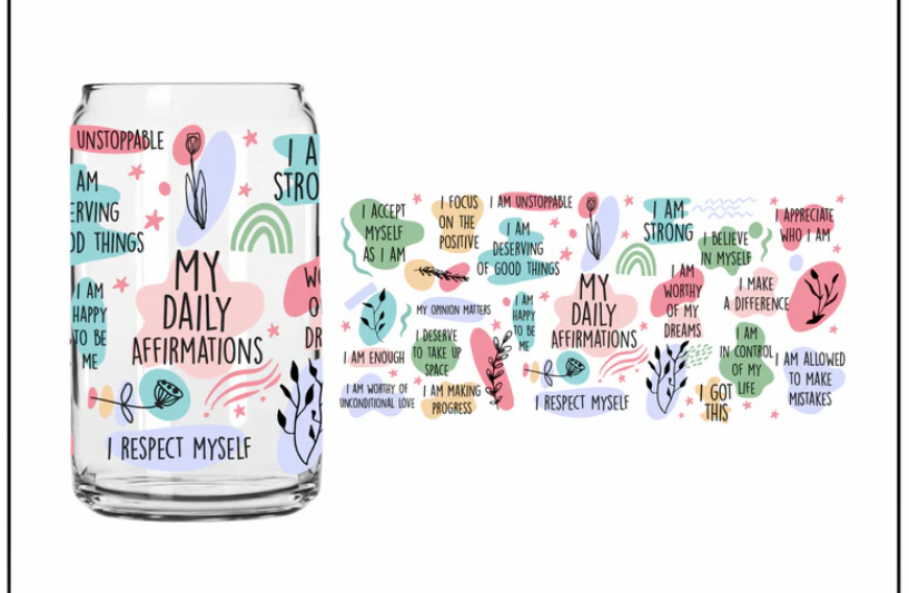 Glass lidded tumbler with UV DTF design