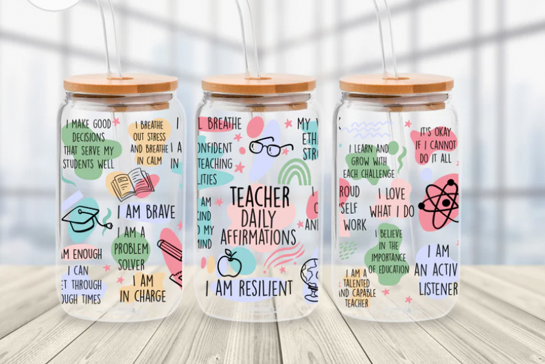 Glass lidded tumbler with UV DTF design