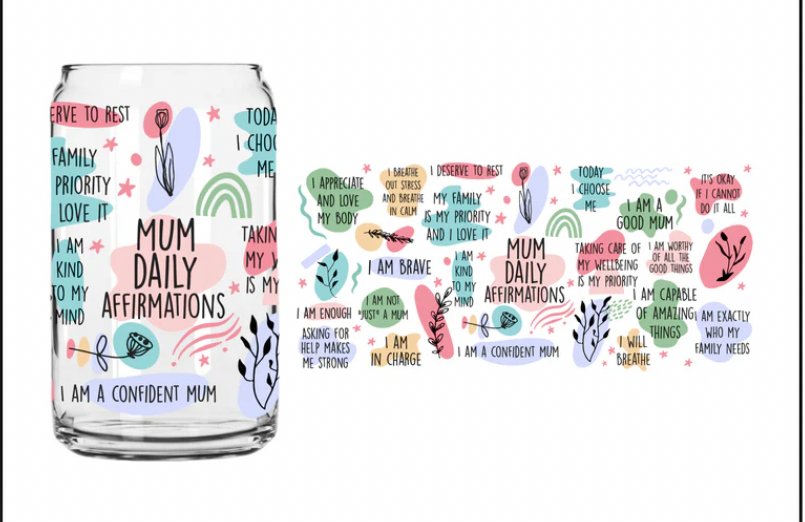 Glass lidded tumbler with UV DTF design