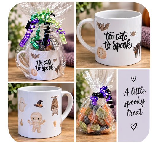 Friendly Halloween small ceramic mugs filled with 100g of spooky sweets